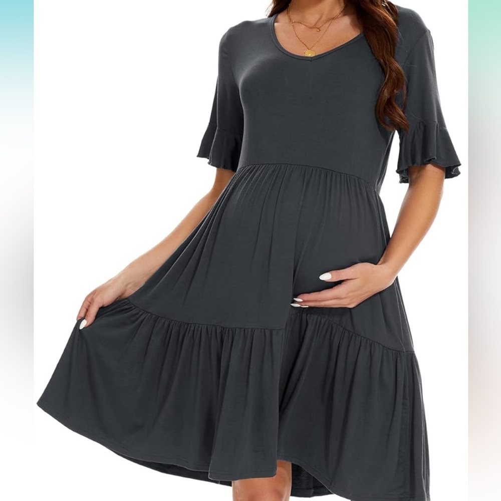 NWT Smallshow Maternity Dark Gray Short Sleeve Ruffle Dress - Picture 3 of 6